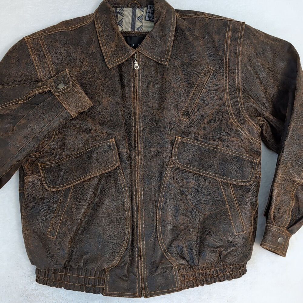 Vintage 80s 90s Context Leather Jacket  Size L‎ Full Zip Brown EUC